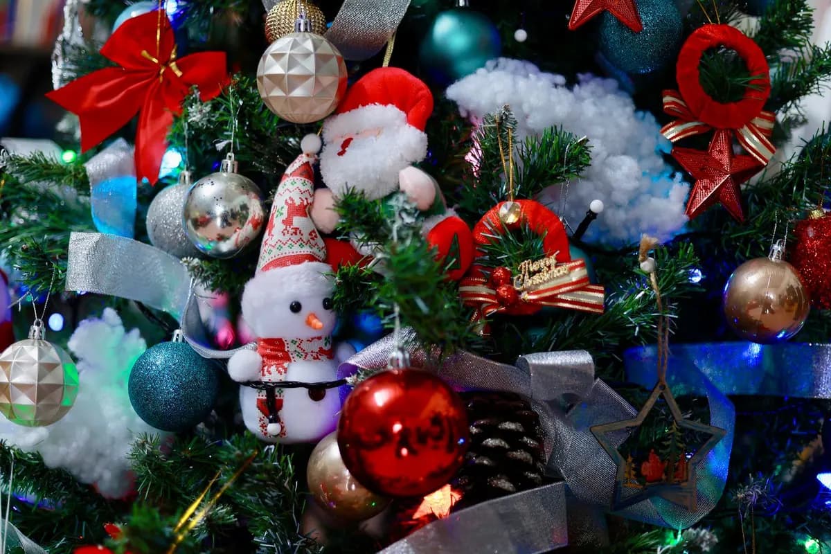 Christmas ornaments and festive decorations on a tree